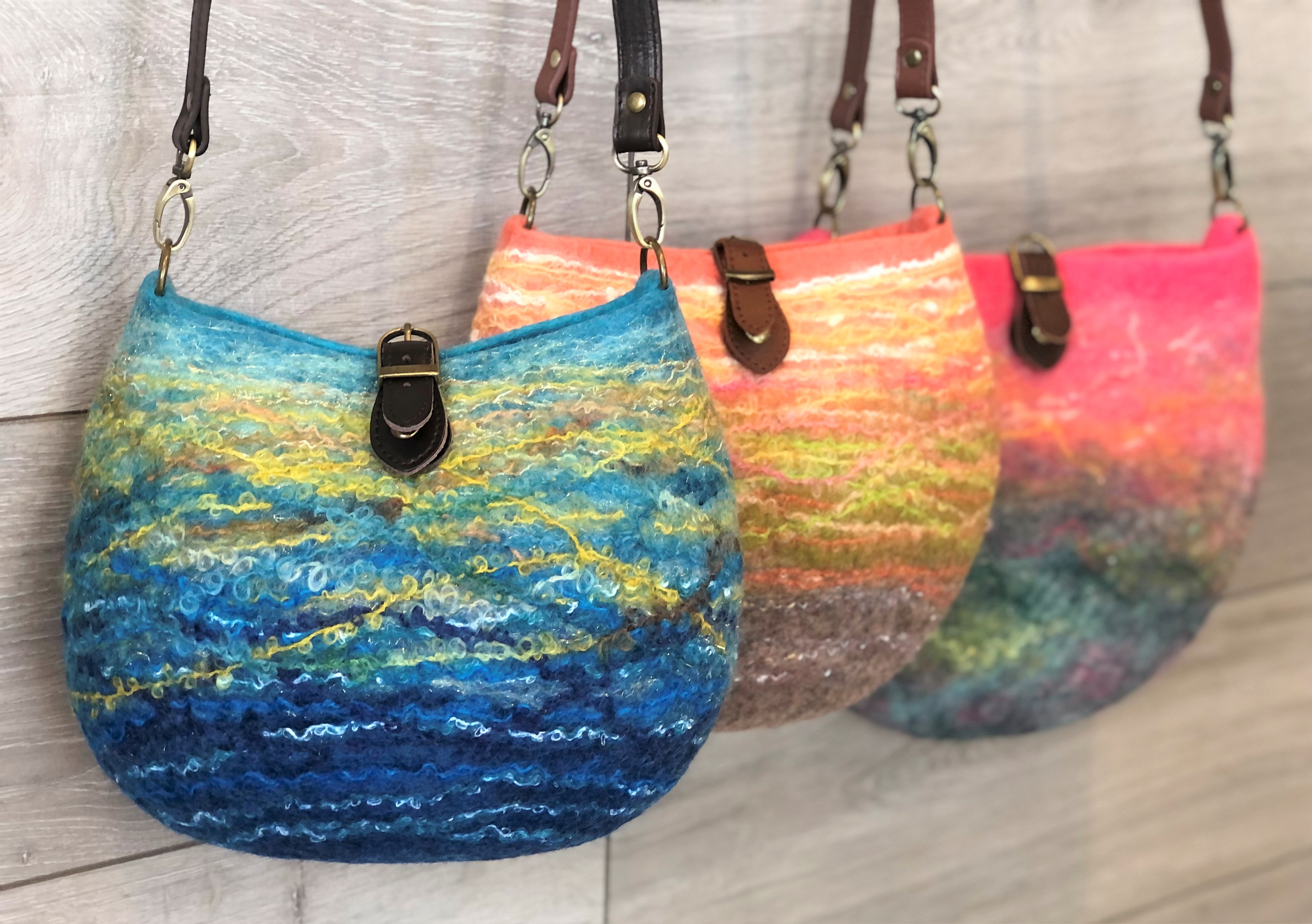 three wet felted bags